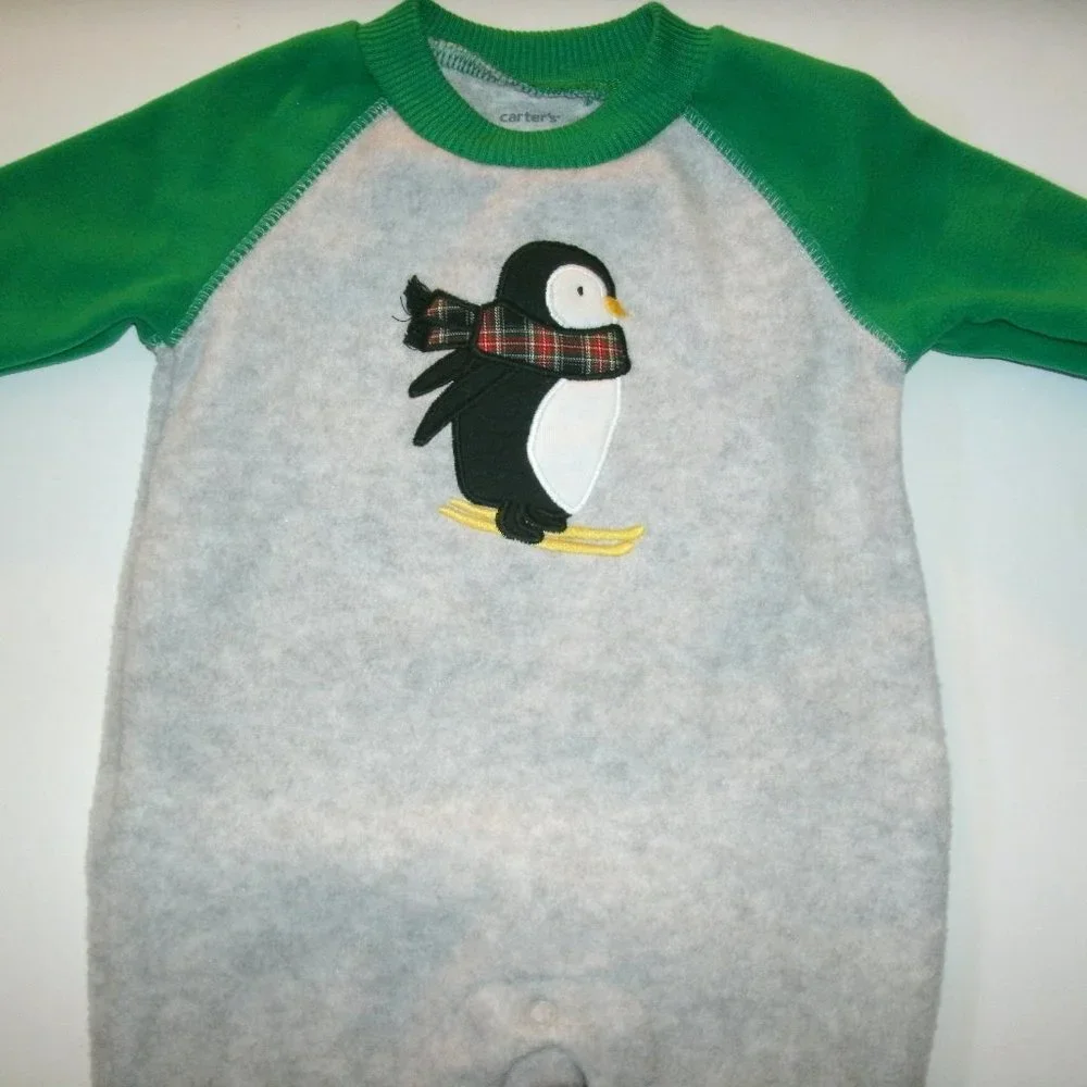 Carter's Baby Boys Romper Fleece Penguin Jumpsuit Green Gray 3 Months New